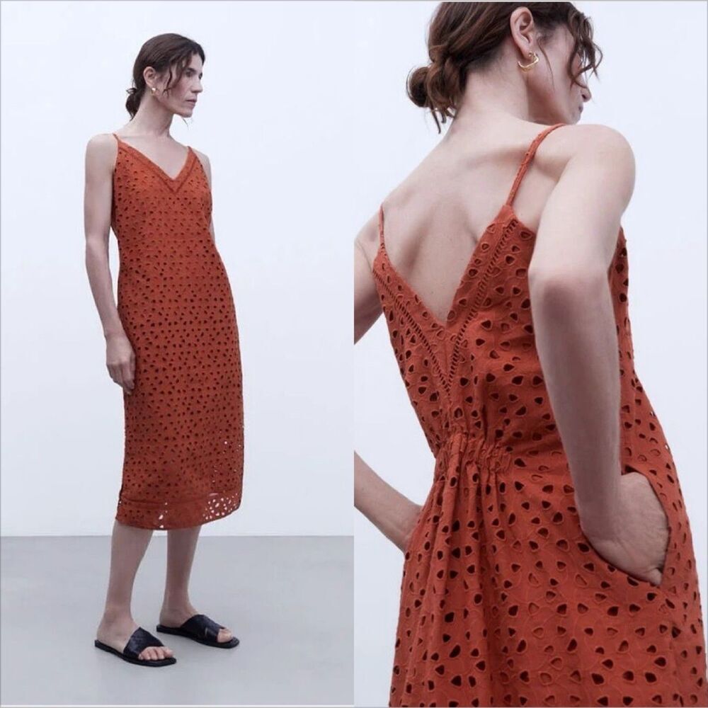 Adolfo Dominguez Linen Cotton Midi Dress Size 38 US 4 V-Neck Eyelet Orange